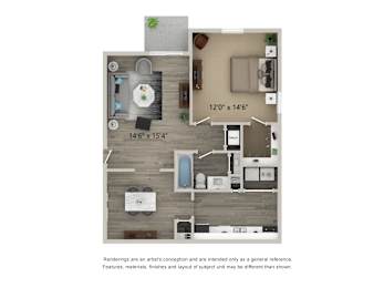 A floor plan of a small apartment with a kitchen, living room, and bathroom.