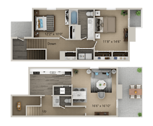 A floor plan of a two-story apartment with dimensions and a kitchen area.