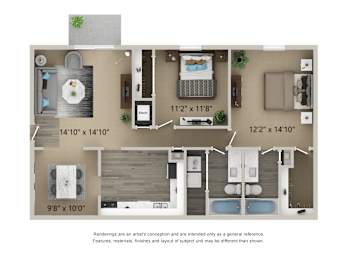 A floor plan of a house with a kitchen, living room, and bathrooms.