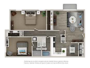 A floor plan of a two-bedroom apartment with a living room, kitchen, and bathroom.