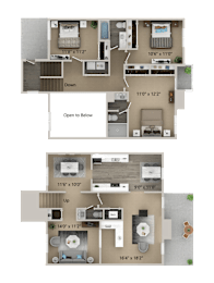 A floor plan of a two-story apartment with dimensions and room labels.