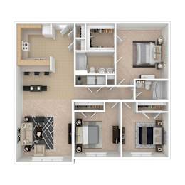A 3D floor plan of a small apartment with a kitchen, living room, and two bedrooms.
