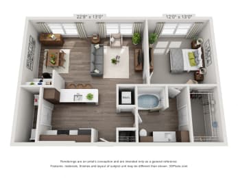 Floor Plan  a 1 bedroom floorplan is shown in this rendering