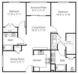 A black and white image of a floor plan for a house with a living room, two bedrooms, a bathroom, a kitchen, and a dining room.