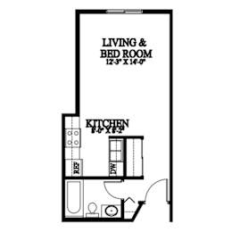 A floor plan of a small apartment with a living and bedroom area and a kitchen.