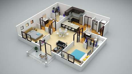 A 3D rendered image of a small apartment layout.