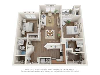 A 3D floor plan of a two-bedroom apartment with a living room, kitchen, and bathroom.