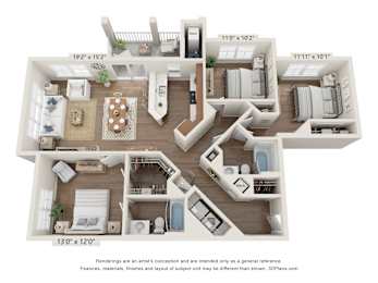 A 3D floor plan of a house with a living room, kitchen, dining room, and multiple bathrooms.