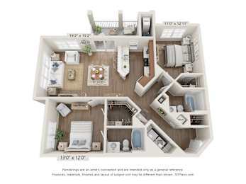 A 3D floor plan of a house with a living room, kitchen, and two bedrooms.