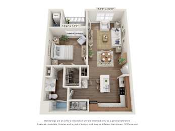 A 3D floor plan of a small apartment with a kitchen, living room, and two bedrooms.