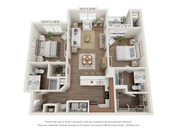 A floor plan of a two-bedroom apartment with a living room, kitchen, and bathroom.