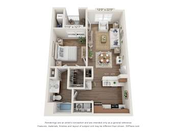 A 3D floor plan of a small apartment with a kitchen, living room, and bedroom.