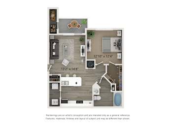 A floor plan of a small apartment with a kitchen, living room, and bathroom.