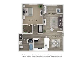 A floor plan of a house with a kitchen, living room, and bathroom.