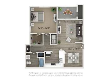 A floor plan of a house with a kitchen, living room, and bathroom.