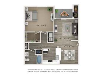 A floor plan of a kitchen and living room with dimensions.