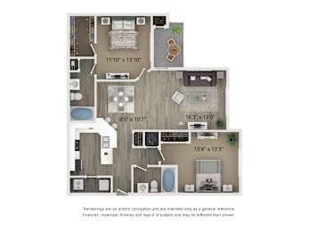 A floor plan of a house with a living room, kitchen, and two bedrooms.
