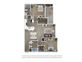A floor plan of a house with a kitchen, living room, and two bedrooms.