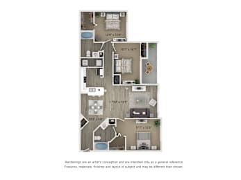 A floor plan of a house with a kitchen, living room, and two bedrooms.