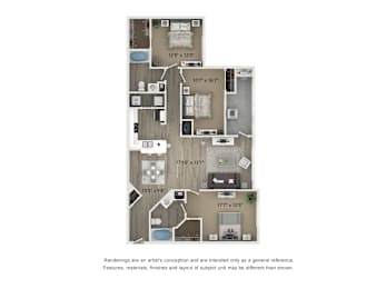 A floor plan of a house with a kitchen, living room, and two bedrooms.