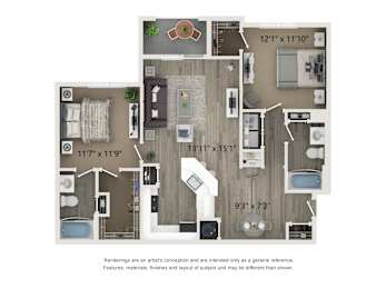 A floor plan of a house with a kitchen, living room, and bathrooms.