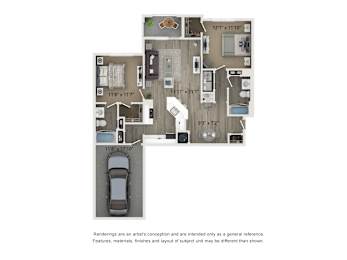 A floor plan of a house with a garage and a car.