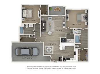 A floor plan of a house with a garage and a car.