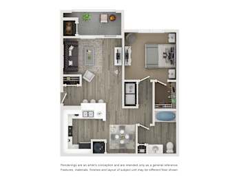 A floor plan of a house with a kitchen, living room, and bathrooms.