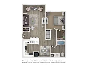 A floor plan of a house with a kitchen, living room, and bathrooms.