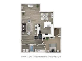 A floor plan of a house with a kitchen, living room, and two bedrooms.