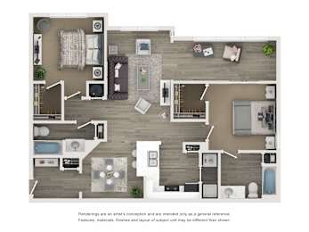 A floor plan of a house with a kitchen, living room, and bathrooms.
