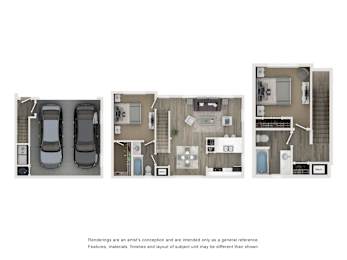 Three renderings of a house with a garage, living room, and kitchen.