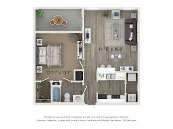 A floor plan of a house with a kitchen, living room, and bathroom.