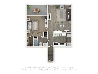 A 3D floor plan of a house with a kitchen, living room, and bathroom.