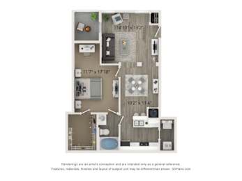 A floor plan of a house with a kitchen, living room, and bathroom.