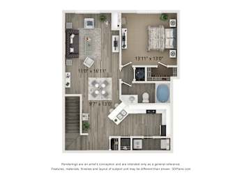 A floor plan of a house with a living room, kitchen, and bathroom.