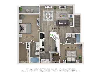 A floor plan of a house with a kitchen, living room, and two bedrooms.