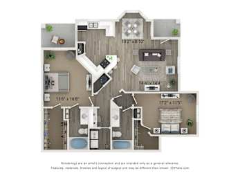 A floor plan of a house with a living room, kitchen, dining room, and bathrooms.