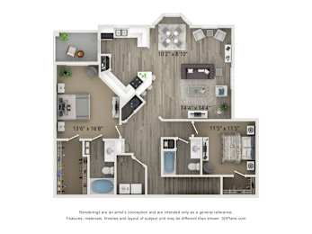 A floor plan of a house with a kitchen, living room, and bathrooms.