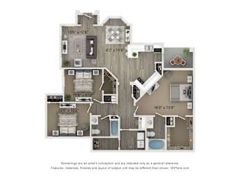 A 3D floor plan of a house with a kitchen, living room, and bathrooms.