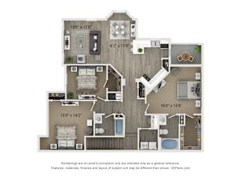 A 3D floor plan of a house with labeled dimensions.