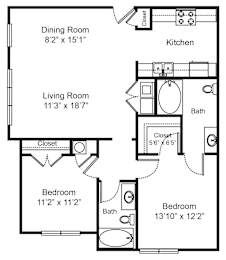 A floor plan of a small apartment with a living room, dining room, kitchen, and two bedrooms.