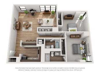A 3D floor plan of a house with a kitchen, living room, and bathroom.