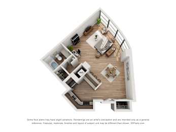 A 3D floor plan of a house with a kitchen, living room, and bathroom.