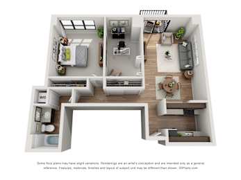 A 3D floor plan of a house with labeled rooms.