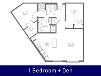 A floor plan of a 1 Bedroom + Den apartment.