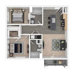 A top-down view of a small apartment layout with a kitchen, living room, and bathroom.