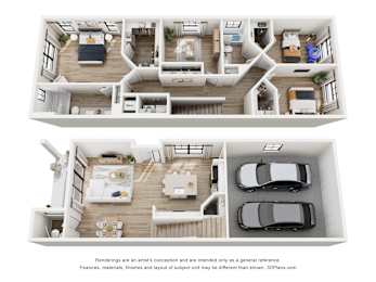 A 3D floor plan of a house with two bedrooms, a living room, a kitchen, a bathroom, and a garage.