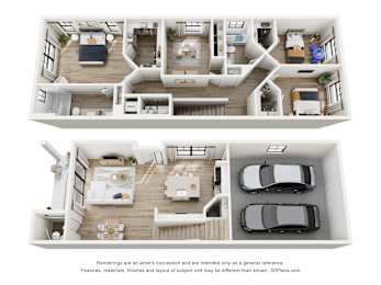 A 3D floor plan of a house with two bedrooms, a living room, a kitchen, a bathroom, and a garage.