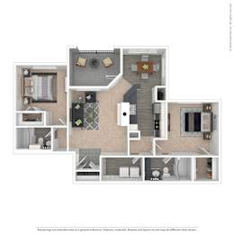 A floor plan of a house with a kitchen, living room, and two bedrooms.